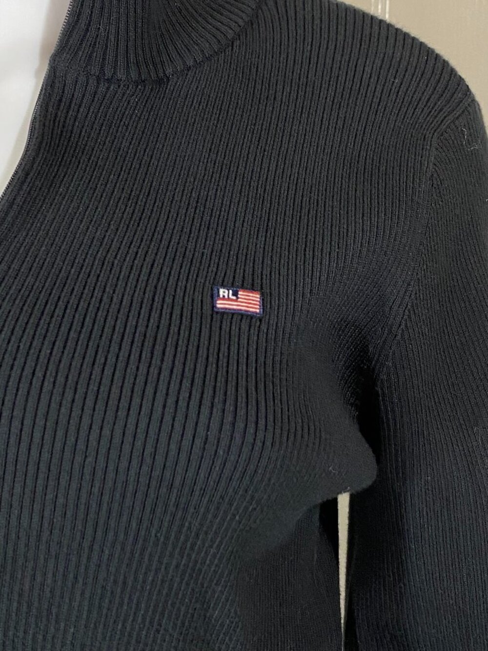 VTG RALPH LAUREN Polo Jeans Sweater Black Ribbed Red Stripe Mock Neck 1/4 Zip XL - Picture 2 of 10